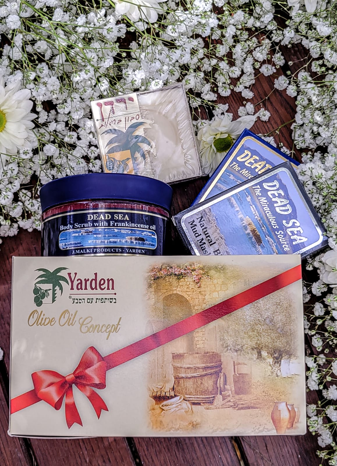 Gift set of Dead Sea and Jordan products in stylish packaging from My Store, showcasing skincare items and natural minerals.